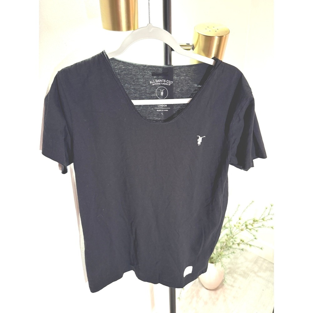 AllSaints tee black‎ basic scoopneck logo luxury tee cotton blend stretch raw LG